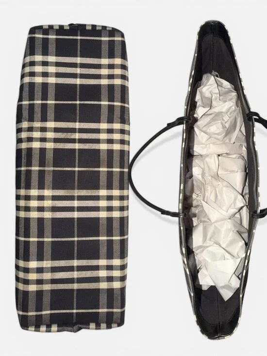 VTG Burberry Nova Check Tote XL Black Leather Cotton Canvas Open Top Bag Italy - Picture 6 of 10